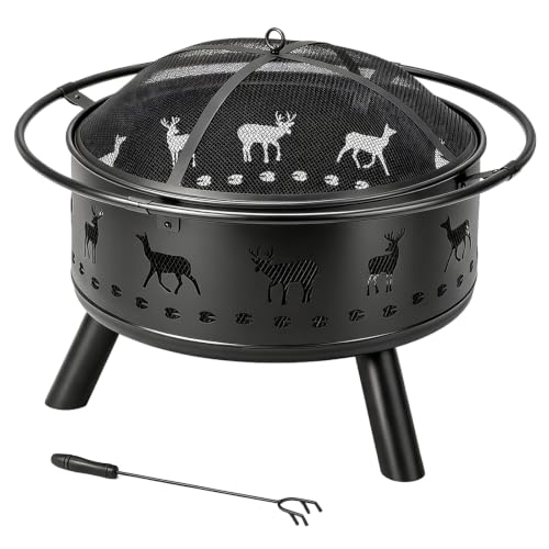 30 Inch Round Outdoor Fire Pit, Heavy Duty Wrought Iron Firepit with Hinged Spark Screen Lid & Lift Ring, Decorative Elk Cutout Patio Fire Pit for Backyard, Garden, Lawn and Camping, Black