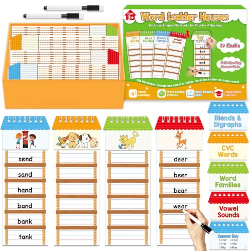 30 Word Ladder Flip Books for Kids, 180 Sight Words Flash Cards Kindergarten, Reading & Spelling Phonics Games Word Family Build Book, Preschool Learning Activities for Homeschool School Classroom