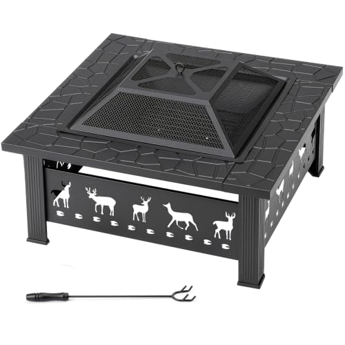 32 Inch Square Outdoor Fire Pit Table, Heavy Duty Wrought Iron Firepit with Pyramid Spark Screen Lid & Fire Poker,Patio Fire Pit for Backyard, Garden, Lawn and Camping, Decorative Elk Cutout,Black