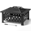 32 Inch Square Outdoor Fire Pit Table, Heavy Duty Wrought Iron Firepit with Pyramid Spark Screen Lid & Fire Poker, Patio Fire Pit for Backyard, Garden, Lawn and Camping,Decorative Diamond Cutout,Black