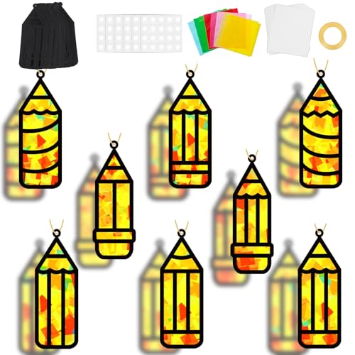 32 Sets Back to School Pencil Suncatchers Craft Kit DIY Window Stained Glass Effect Pencils Paper Crafts for Home School Classroom Decoration Kid Birthday Gifts Creative Art Projects Activity Game