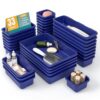 33 PCS Drawer Organizer Set, 4 Size Makeup Drawer Divider Organizer With Non-Slip Pads, Interlocking Plastic Storage Bins for Office,Jewelry Vanity,Gadgets, Bathroom,Kitchen, Navy