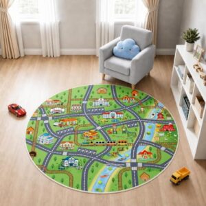 3'3" Round Kids Car Play Rug, Kids Road Playmat Rug for Toy Cars, Educational Town City Map Washable Carpet for Boy Playroom Bedroom, Safer Car Track Play Mat for Children - Non Slip