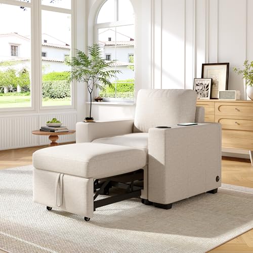 35" Chenille Fabric Modern Folding Sleeper Recliner, Modern Multifunctional Foldable Sofa Chair Bed with usb ports and cup holders, Sleeper Sofa with detachable pillows for indoor living areas, Beige