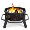 35 Inch Outdoor Hexagonal Fire Pit Large Deep Bowl Wood Burning Firepit with Star Mesh Cutouts Outer Safety Ring Rail and Sturdy Feet for Patio Backyard Camping Heating Grilling Black