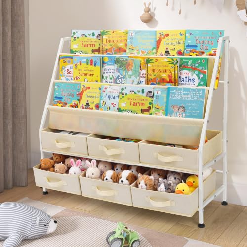 36" Extra Wide Kids Bookshelf and Toy Storage Organizer, 3-Tier Front Facing Book Shelf with 6 Large Removable Storage Bins, Toddler Bookshelf for Nursery, Playroom, Bedroom, Montessori Reading Corner