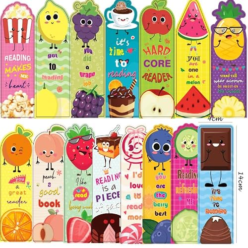 36 Pack Fun Scented Bookmarks – Cartoon Fruit Snack Design with Positive Sayings, Durable Coated Paper Book Marks for School Reading Incentives, Teacher Supplies, Birthday Gifts