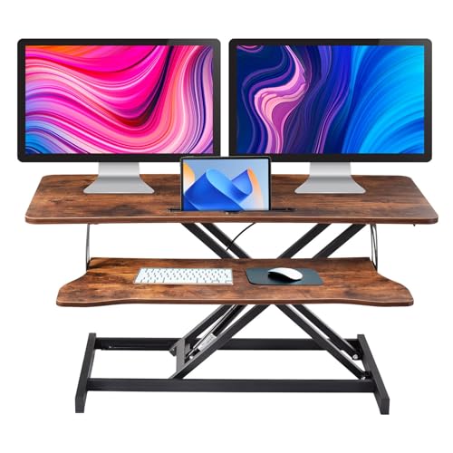 38-Inch Height Adjustable Standing Desk Converter, Sit to Stand Workstation with Dual Monitor & Laptop Riser, Wide Keyboard Tray, Perfect for Home, Office, School, Black/Brown