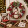 3D Fabric Poke Wreath DIY Kit,Christmas Wreath Making Kit for Beginner & Adults, No-Sew Fabric Craft Kit,DIY Holiday Decor, Handmade Christmas Art Project Gift，Snowman