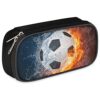 3D Football Leather Pencil Case Pen Holder Sports Large Capacity Black Stationery Storage Pencil Bag with Zipper for Boys Girls Soccer Ball in Ice Fire Pencil Pouch Box for School College Office