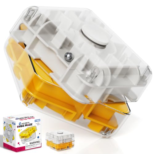 3D Maze Cube Ball Puzzle Brain Teaser for Adults & Kids, Educational Learning Toys Logical Thinking, Family Board Games Tabletop, Durable Puzzle Cube (White&Yellow, 2.4x1.8x2.4)