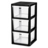 3 Drawer Plastic Storage Tower with Clear Removable Bins, Black