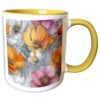 3dRose Pink & Orange Ink & Painted Flower Pattern 11oz Two-Tone Yellow Mug