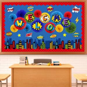 3D Super Theme Hero Classroom Bulletin Board Set Hero Cityscape Sayings Cutouts Paper Fans Welcome Back Classroom Board Decorations for Back to School Kindergarten Library Home Wall Decor Supplies