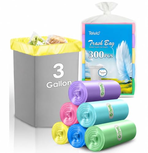 3 Gallon 300 Counts Colorful Small Trash Bags by Teivio, Fit 3.2,3.5 Gal Garbage Bags,Waste Basket, Bathroom Trash Can Bin Liners, Plastic Bags for home office kitchen, Multicolor
