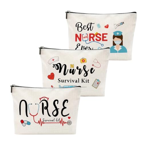 3 Pack Nurse Survival Kit Cosmetic Bags, Funny Makeup Pouch Travel Organizer with 3 Different Designs, Nurse Gifts for Women, Nursing Student, RN, Nurse Practitioner, Nurse Appreciation Week Gift