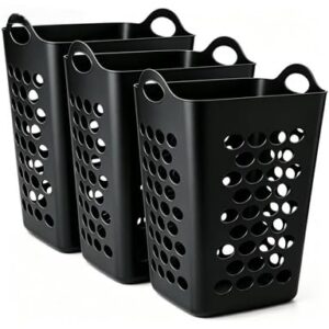 3 Pack Square Plastic Laundry Baskets with Handles, 2 Bushel Black Hamper