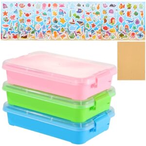 3 Pcs Plastic Sensory Bin Sand Tray with Lid 8 Stickers Portable Sandbox Container with Handle Clear Lid Stackable Play Tray for Home Office Storage Sand Arts Crafts Organizing