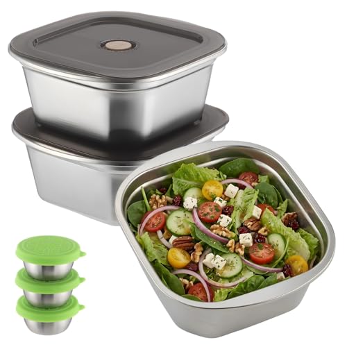 3 Pcs Stainless Steel Food Storage Containers, Square Meal Prep Boxes with Leakproof Lids, 74.4 oz Large Capacity Bento Box, 1.7 oz Sauce Container, Airtight Fresh Food Storage Set