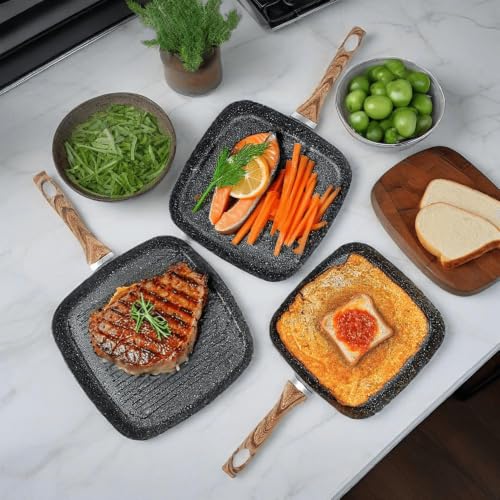 3‑Piece Non‑Stick Grill Pan Cookware Set with Detachable Handle, Raised Grill Ribs, PTFE High‑Temp Resistant Exterior, Compatible for Gas Electric Induction, Oven‑Safe (Handle Removed), Black