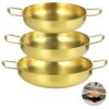 3 Pieces Gold Korean Ramen Pots Set, Stainless Steel Cooking Pan, Flat Bottom Hot Pot with Dual Ear Handles, Universal Stove Top, 8.7 x 8.7 x 2.8 in, 7.9 x 7.9 x 2.4 in, 7.1 x 7.1 x 2 in
