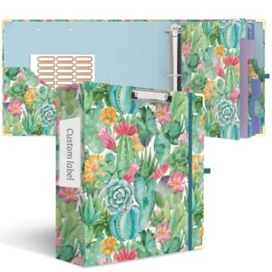 3 Ring Binder 3 Inch, Cute Round Ring Binder with 6 Tab Dividers & Label Stickers, Low Profile Clipboard with Storage, Fashion Binder for School Office Supplies (Cactus Flowers)