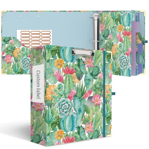 3 Ring Binder 3 Inch, Cute Round Ring Binder with 6 Tab Dividers & Label Stickers, Low Profile Clipboard with Storage, Fashion Binder for School Office Supplies (Cactus Flowers)