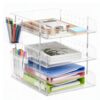 3 Tier Acrylic Desk Organizer Paper Tray with Pegboard & Pen Holder, Clear