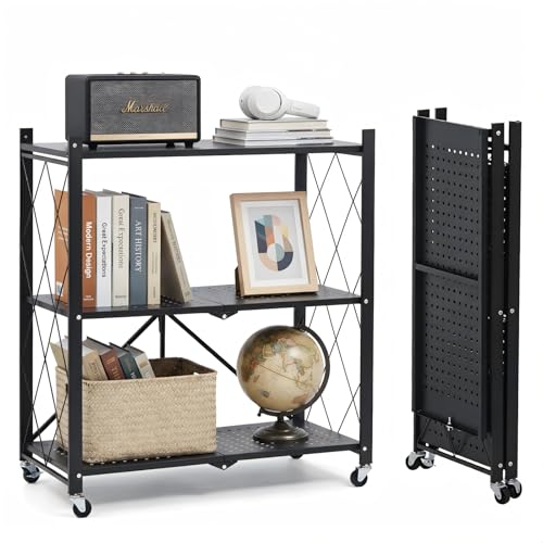 3 Tier Foldable Storage Shelves with Wheels, Metal Collapsible Organization Storage Rack, No Assembly Folding Bookshelf, Rolling Storage Rack for Kitchen, Bedroom, Pantry, Garage, Display, Black