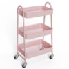 3‑Tier Metal Rolling Storage Cart, Pink Utility Organizer Cart with Lockable Wheels, Multi‑Purpose Shelving Unit for Kitchen, Bathroom, Living Room, Bedroom and Narrow Corner Spaces