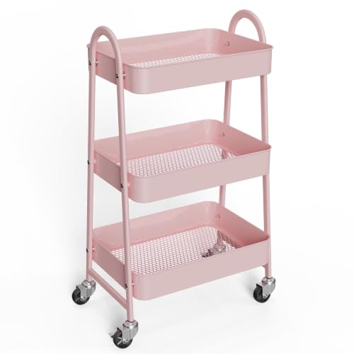3‑Tier Metal Rolling Storage Cart, Pink Utility Organizer Cart with Lockable Wheels, Multi‑Purpose Shelving Unit for Kitchen, Bathroom, Living Room, Bedroom and Narrow Corner Spaces