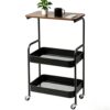 3‑Tier Metal Utility Rolling Cart with Lockable Wheels, Mobile Storage Rack with Wooden Tabletop for Kitchen, Bathroom, Office and Dormitory