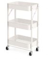 3 Tier Rolling Cart with Wheels, Foldable Utility Storage Cart for Kitchen Bathroom Office, Heavy Duty Metal Organizer, No Assembly Required, Space Saving Mobile Shelving Unit, Black/White