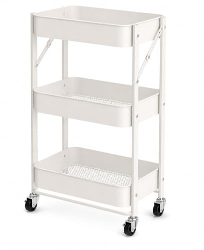 3 Tier Rolling Cart with Wheels, Foldable Utility Storage Cart for Kitchen Bathroom Office, Heavy Duty Metal Organizer, No Assembly Required, Space Saving Mobile Shelving Unit, Black/White