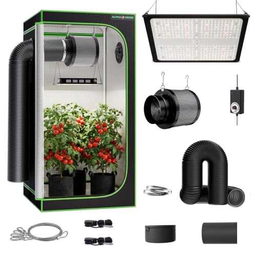 3x3 Complete Grow Tent Kit with LED Grow Light and Fan Filter, 34"x34"x72" 1680D Mylar Indoor Grow Tent System with AG1000 100W Full Spectrum Light, 6 Inch 2-in-1 Carbon Filter Fan, Black Ducting