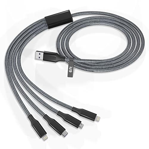 4-in-1 Charging Cable, 6FT Nylon Braided Fast Charging Cable with Dual Lightning, USB-C & Micro USB Connectors, Multi Device Charger Cable for iPhone, Samsung Galaxy & Android Phones