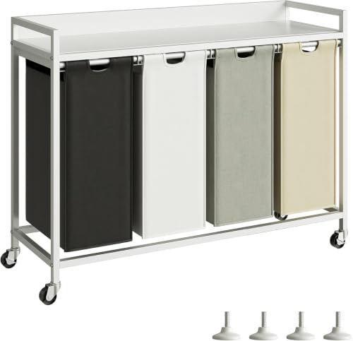 4-Section Rolling Laundry Sorter with Top Shelf, Metal Frame Laundry Hamper, 4 x 60L Waterproof Removable Pull Out Bags, Mobile Garment Basket Organizer for Laundry Room Bathroom Bedroom