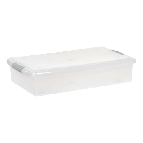 40 Qt Clear Stackable Plastic Storage Bin With Secure Latching Lid, Low Profile Under Bed Transparent Tote With Built-in Handles, Dustproof Container For Clothes, Bedding, Toys, Garage And Closet