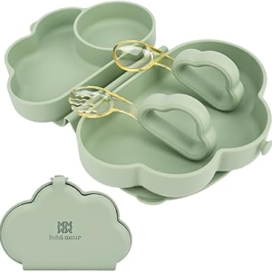 Bebamour Cloud Petal Suction Plate Set Divided Baby Silicone Utensils Tableware Set with Spoons and Forks (Green)