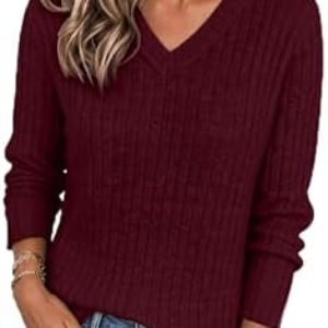 SUNNYMELODY V Neck Long Sleeve Ribbed Sweater