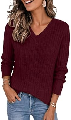 SUNNYMELODY V Neck Long Sleeve Ribbed Sweater