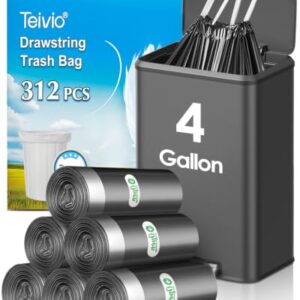 4 Gallon 312 Counts Strong Drawstring Trash Bags Garbage Bags by Teivio, Bathroom Trash Can Bin Liners, Small Plastic Bags for home office kitchen, Black