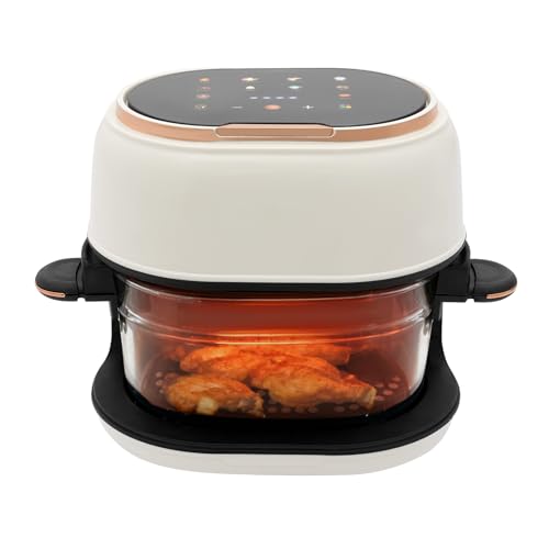 4L 900W Air Fryer, Adjustable Temperature 140-374℉, Glass Air Fryer w/LED Screen and Basket, Mini Tabletop Fryer Oven for Frying and Baking Cakes, Chicken Wings, Fish, Meat, Vegetables (White)