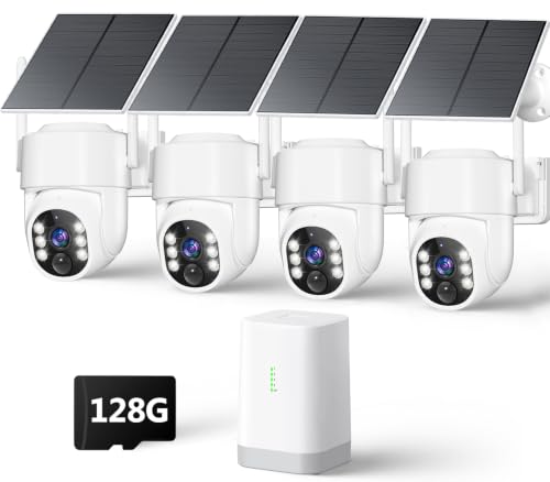 4MP Security Cameras Wireless Outdoor, No Subscription 128GB Local Storage, Solar Powered Cameras For Home Security, PTZ Auto Tracking, 4Cam-Kit, Color Night Vision Home Security Camera System,5G&2.4G