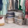 4‑Pack 60 Quart Large Clear Plastic Storage Bin with Secure Latching Lid, Stackable Space‑Saving Tote with Built‑in Handles for Home Garage Basement Office Seasonal Clothing and Tool Organization
