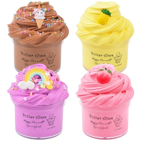 4 Pack Butter Slime, Soft Non-Sticky Slime with 4 Fun Accessories, Rich Colors, Stress Relief Toy for Boys & Girls, Ideal for Party, Birthday, Classroom & DIY Activities (4 x 60ML)