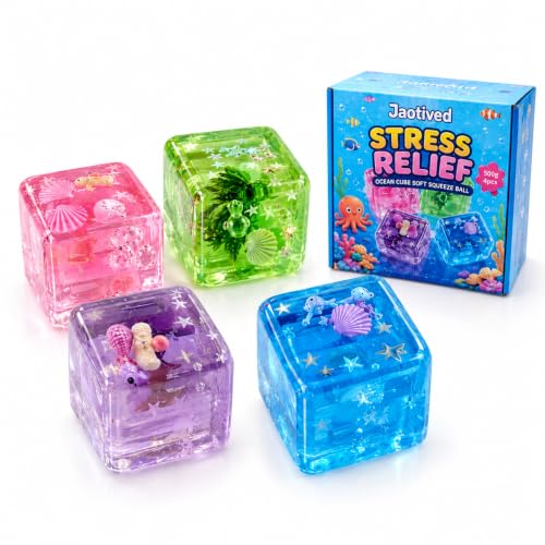 4 Pack Ocean Cube Squishy Stress Toys, Slow Rebound Sensory Squeeze Balls with Sea Animals, Anxiety Relief Fidget Toys for Adults & Teens, Cute Desk Toys for Birthday Gifts Party Favors