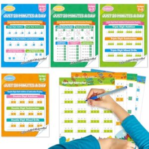 4Pack Total 224 Pages Addition and Subtraction Workbook, Single Double & Triple Digit Math Worksheets for Pre-K to 3rd Grade, Addition&Subtraction Worksheet for Daily Exercise, Back to School Supplies