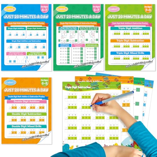 4Pack Total 224 Pages Addition and Subtraction Workbook, Single Double & Triple Digit Math Worksheets for Pre-K to 3rd Grade, Addition&Subtraction Worksheet for Daily Exercise, Back to School Supplies
