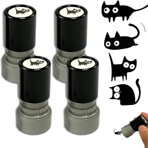 4PCS Cat Pattern Self Inking Stamps Set Round Halloween Cat Design with Black Ink, Mini Kitten Stamps for Cards Treat Bags Scrapbooking Crafts, Great Teacher Rewards & Journal Decor